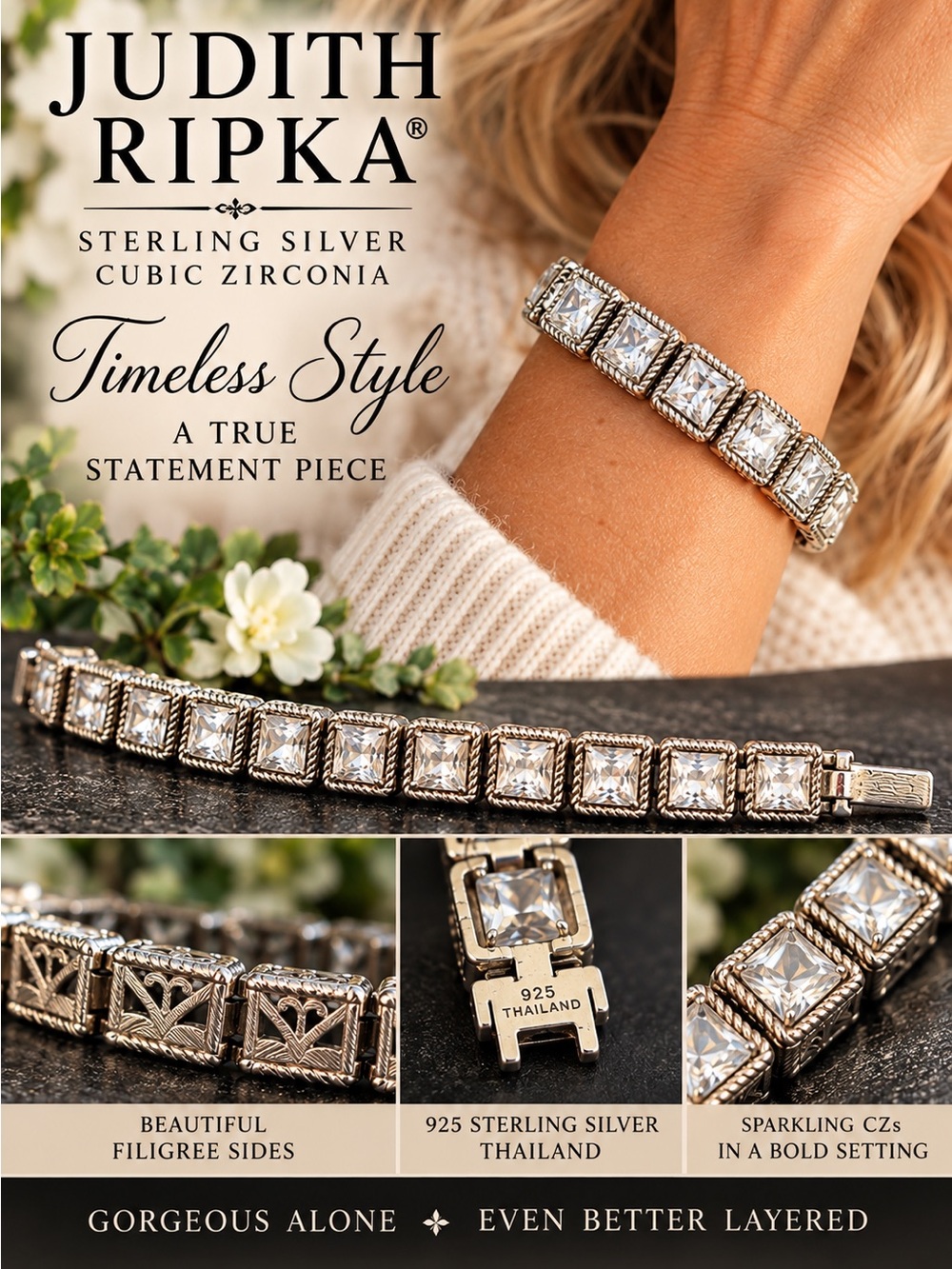 Judith Ripka Sterling Silver Cubic Zirconia Square Station Link Bracelet